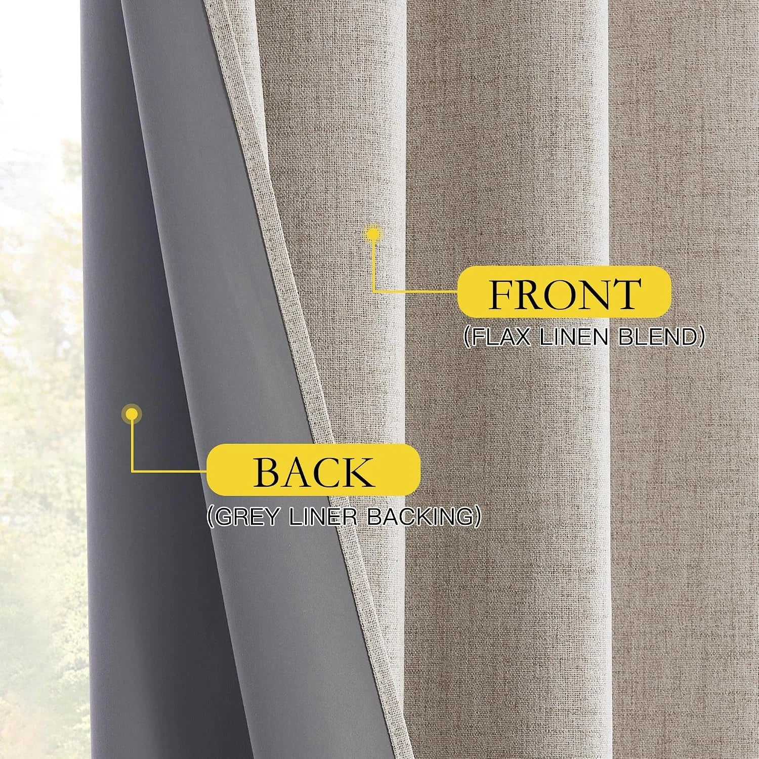 Close-up of beige flax linen blend curtain with grey liner backing by window