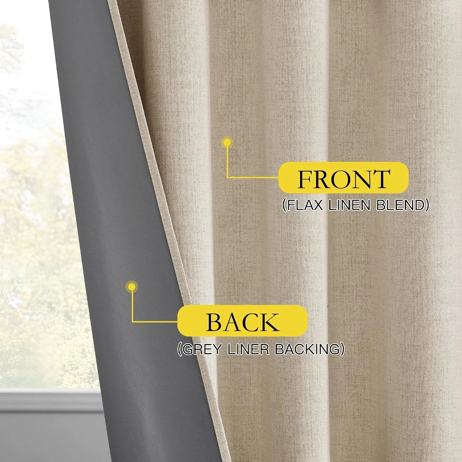 Beige flax linen blend curtain with grey liner backing shown in close-up by window