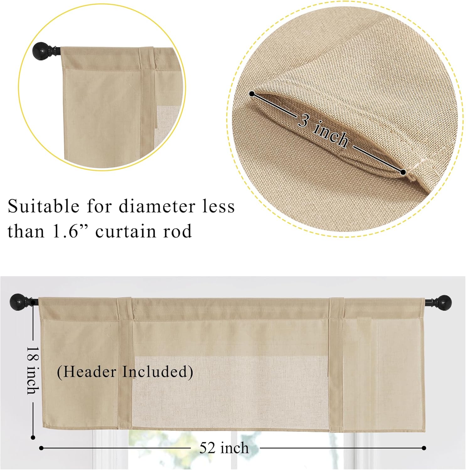 Light brown textured linen blend window valance with a 3-inch rod pocket header, 18 inches tall and 52 inches wide.
