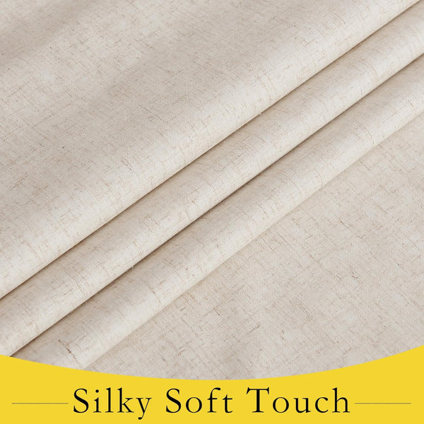 Close-up of light beige linen-look fabric with a textured weave, elegantly draped to show its silky soft feel.