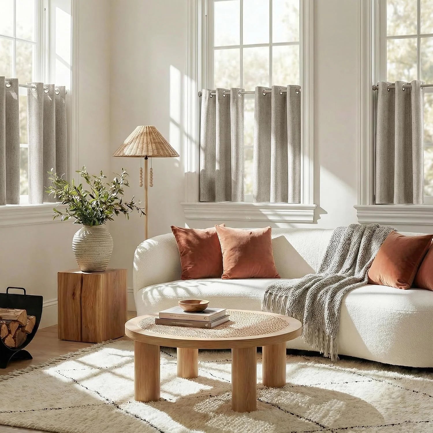 Beige linen cafe curtains on tall windows in a bright neutral living room