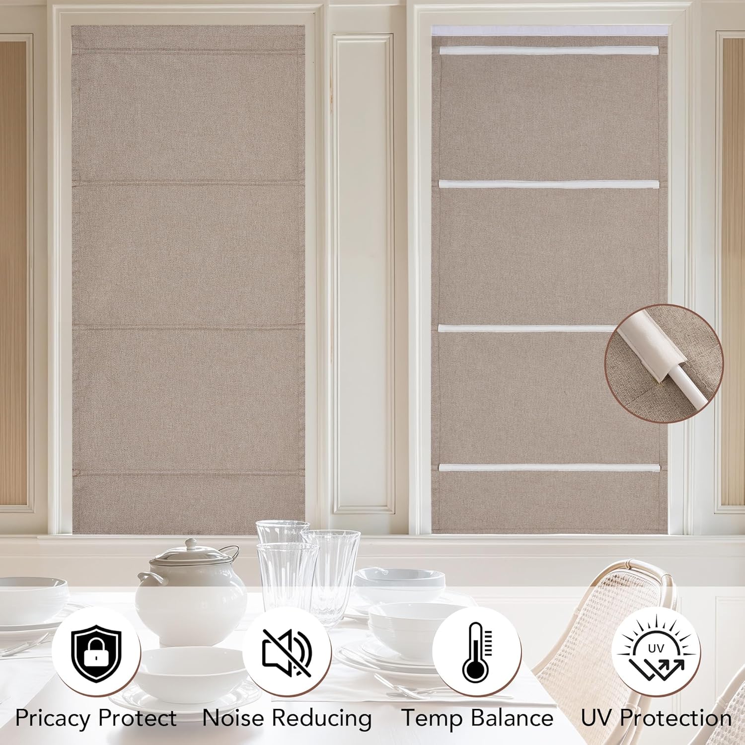 Light beige linen textured cordless roman window shades with horizontal folds for privacy.