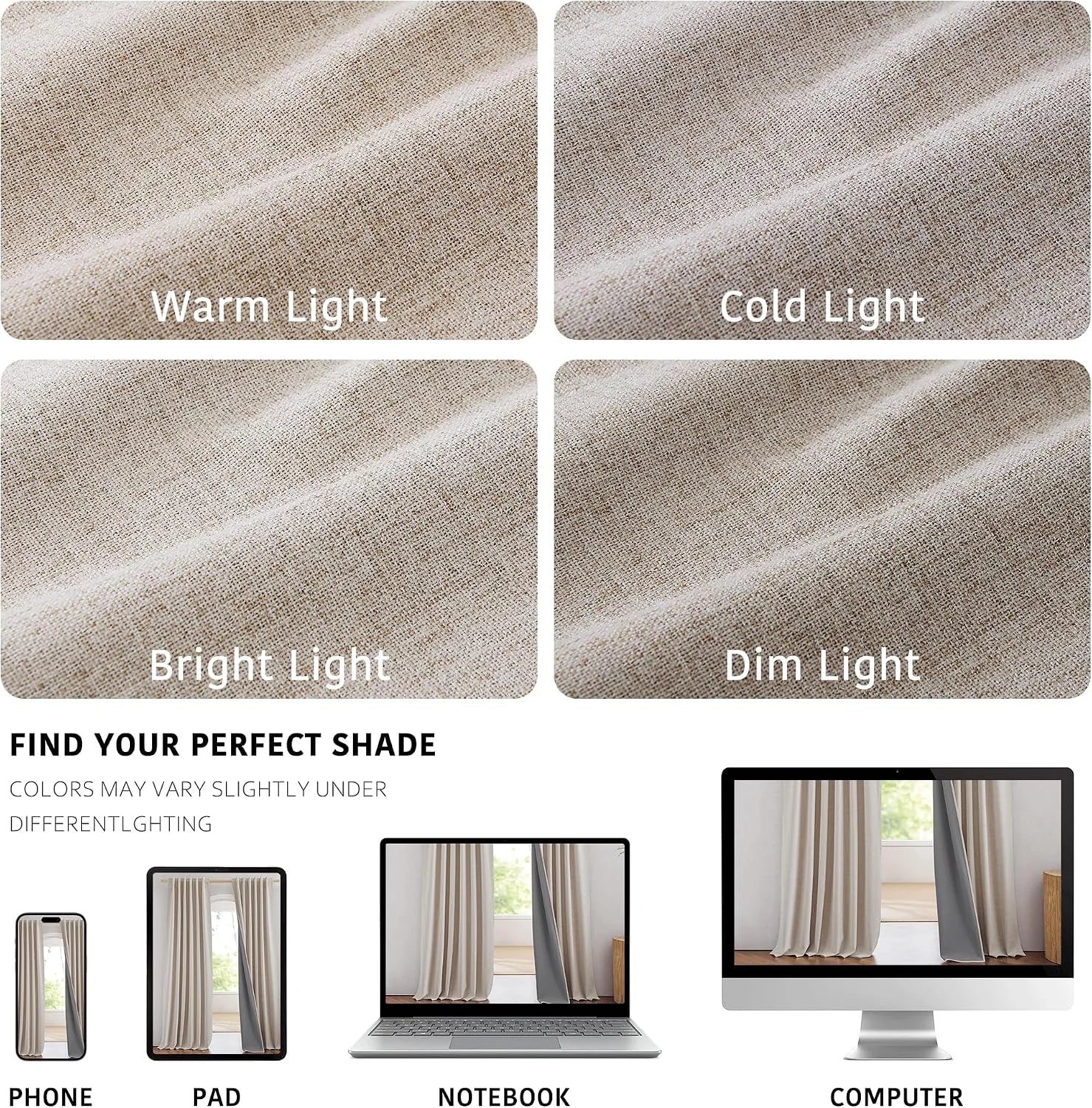 Beige linen curtain fabric shown under warm, cold, bright, and dim light