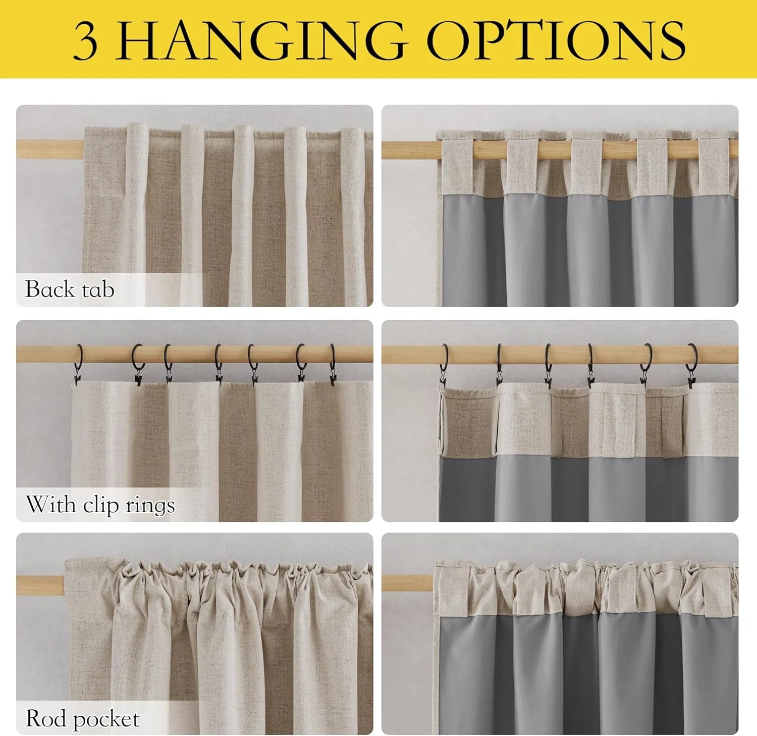Beige linen curtain panel showing back tab, clip rings, and rod pocket hanging styles