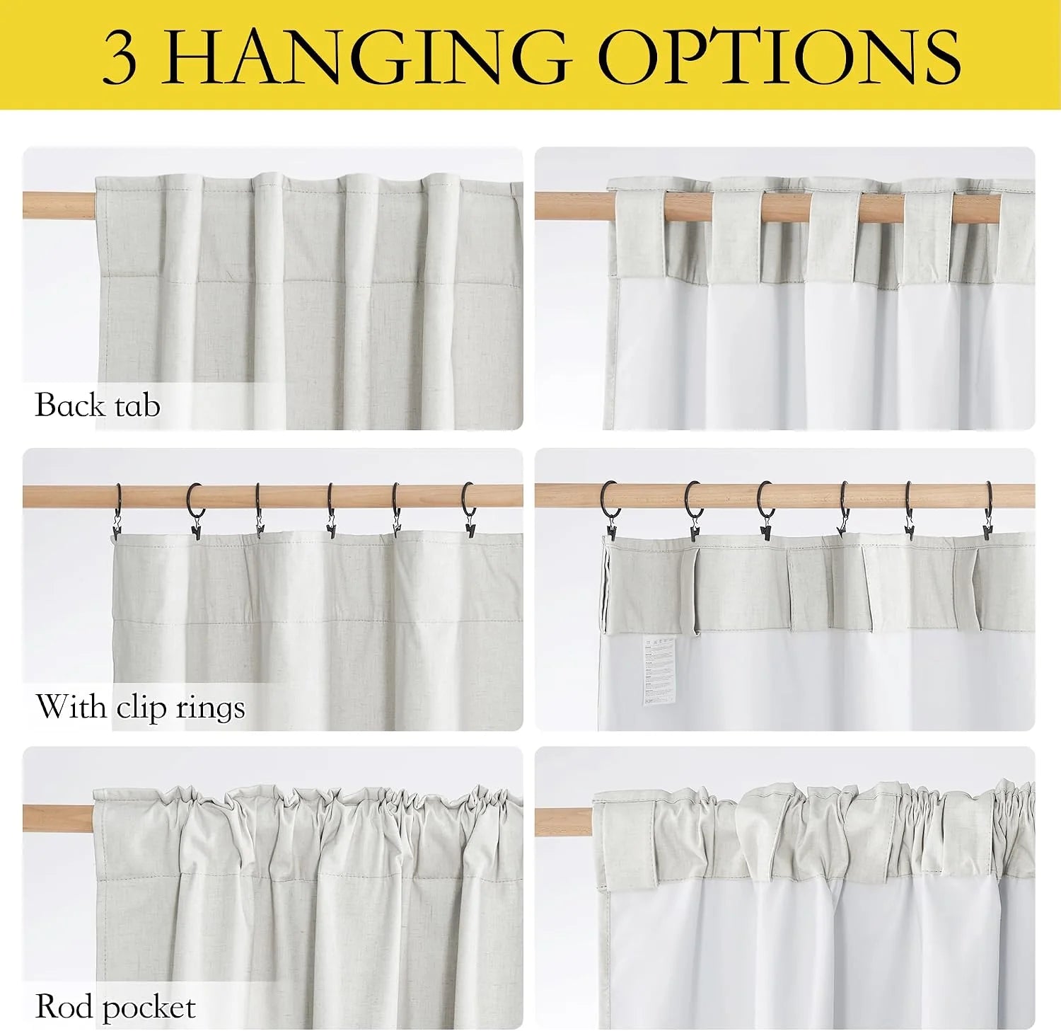 Beige linen curtain panel showing back tab, clip rings, and rod pocket hanging styles