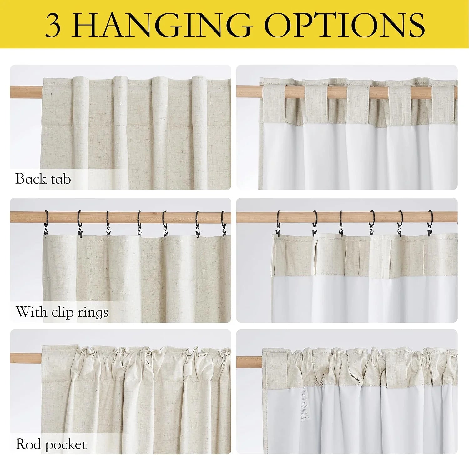 Beige linen curtain panel showing back tab, clip rings, and rod pocket hanging styles