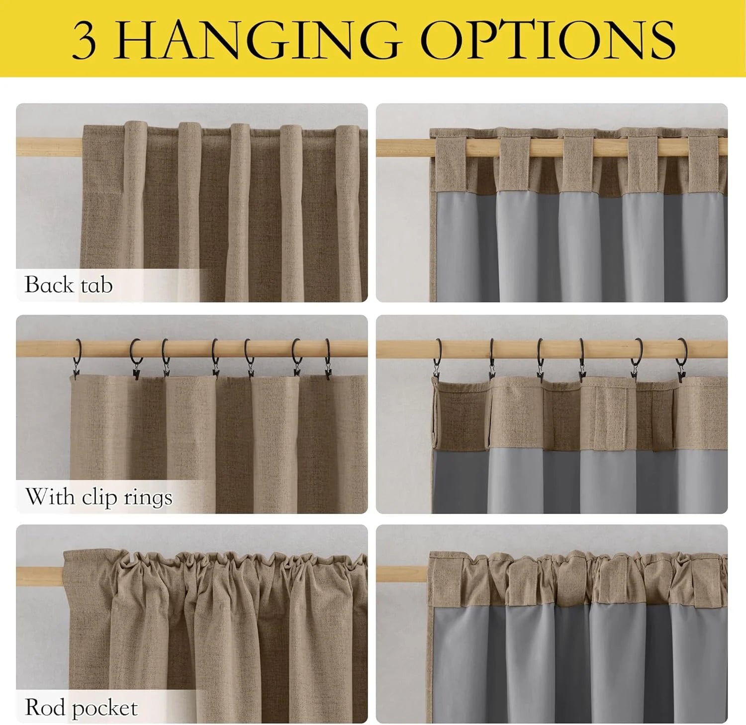 Beige linen curtain panel showing back tab, clip rings, and rod pocket hanging options