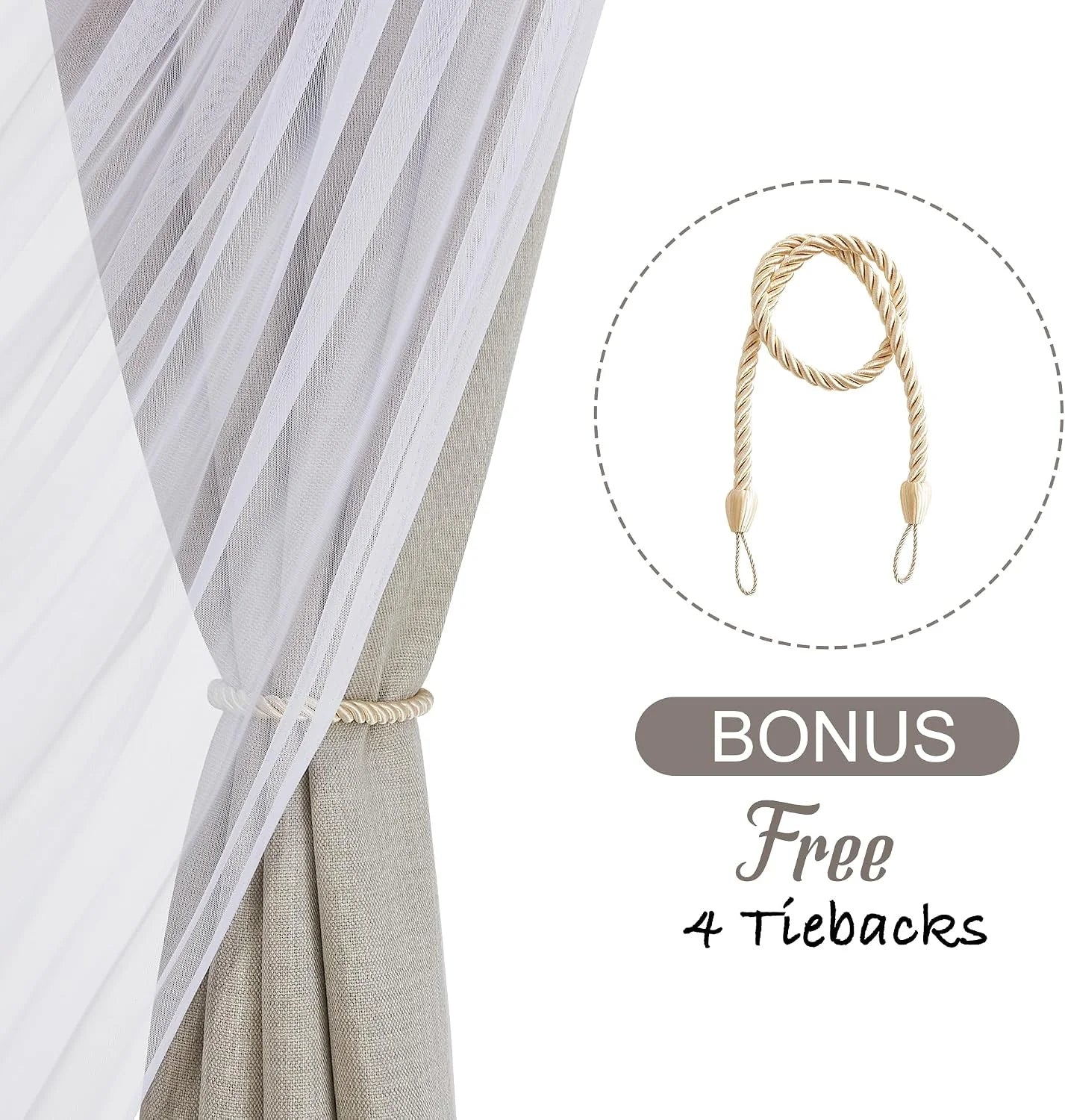 Beige linen-look curtain with sheer white panel and gold rope tieback
