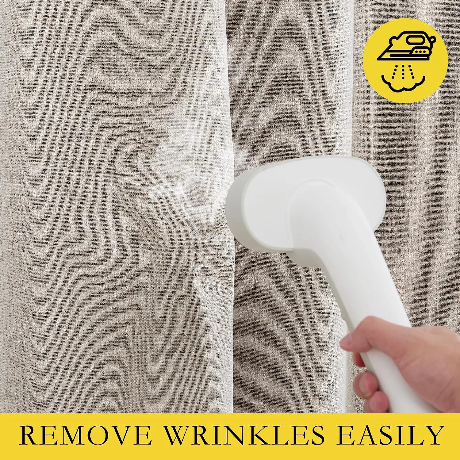 Handheld steamer removing wrinkles from beige linen curtain fabric