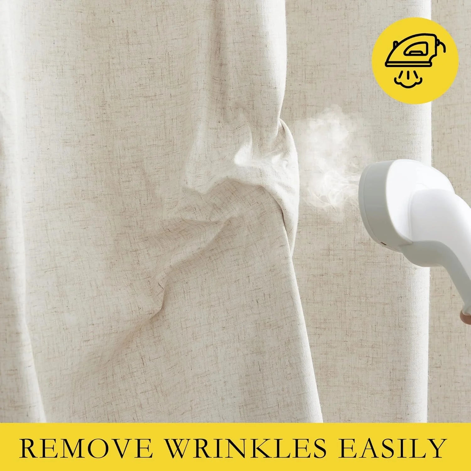 Handheld steamer removing wrinkles from beige linen curtain fabric