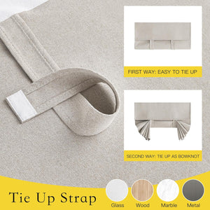 Beige linen-look fabric tie-up strap with velcro, showing two ways to secure curtains or shades.