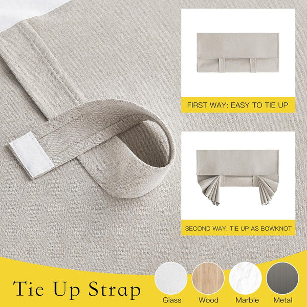 Beige linen-look fabric tie-up strap with velcro, showing two ways to secure curtains or shades.