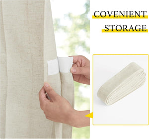 A hand fastens a beige linen curtain with a white velcro strip, demonstrating convenient roll-up storage.