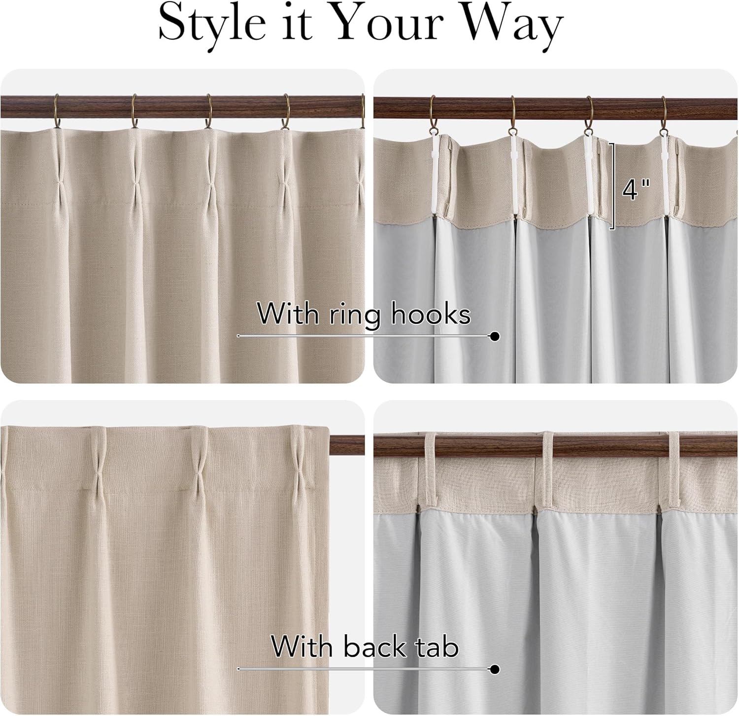 Beige linen-look curtains with options for pinch pleat, ring hook, and back tab hanging on a rod.