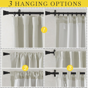 Beige textured curtains demonstrating three hanging styles: rod pocket, back tabs, and pin hooks on a black rod.