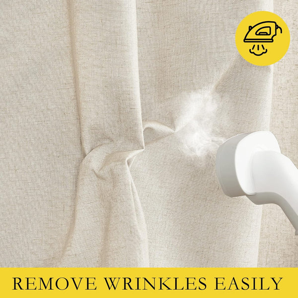 Close-up of light beige linen-blend fabric being steamed to effortlessly remove wrinkles and creases.