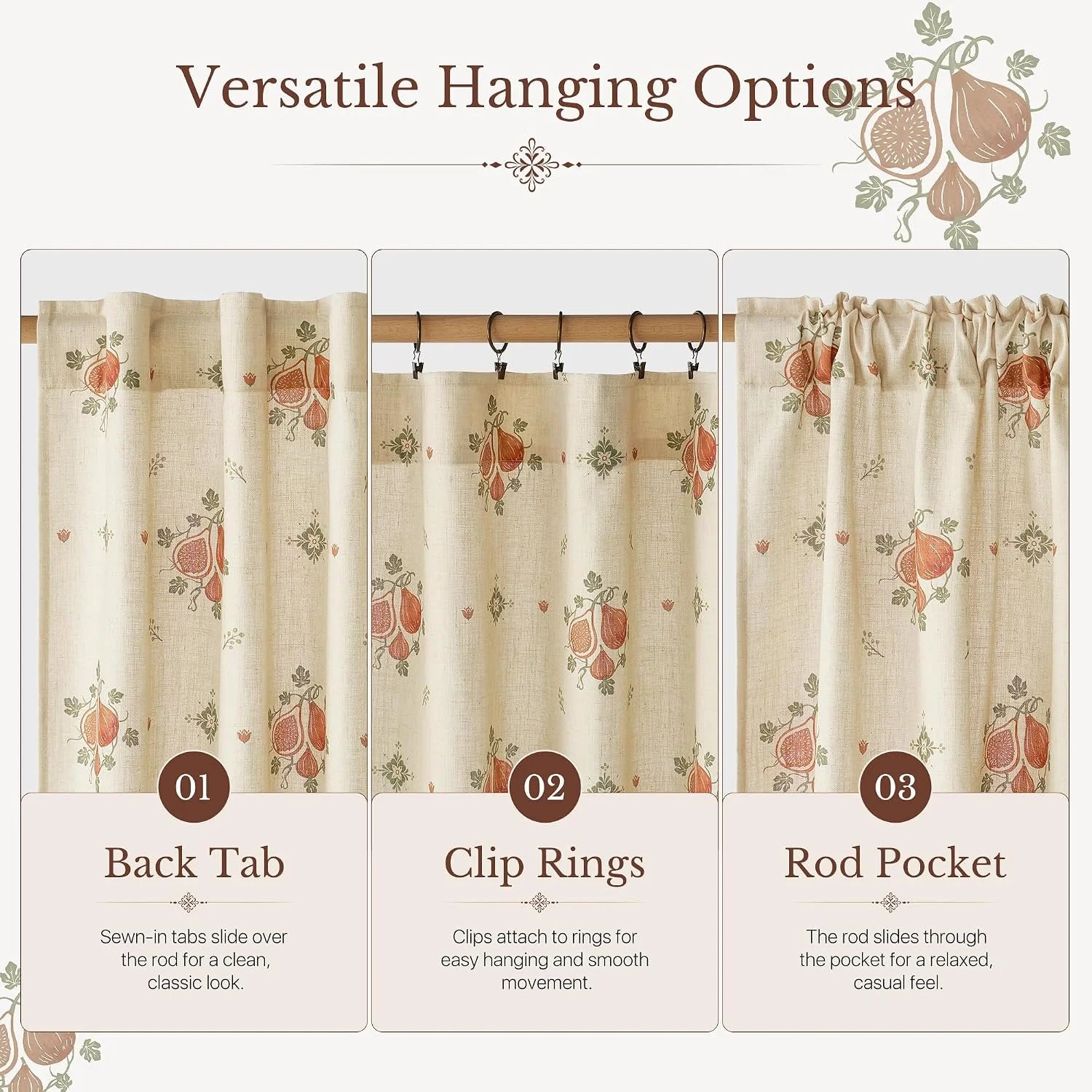 Beige fig print curtain panel showing back tab, clip rings, and rod pocket options