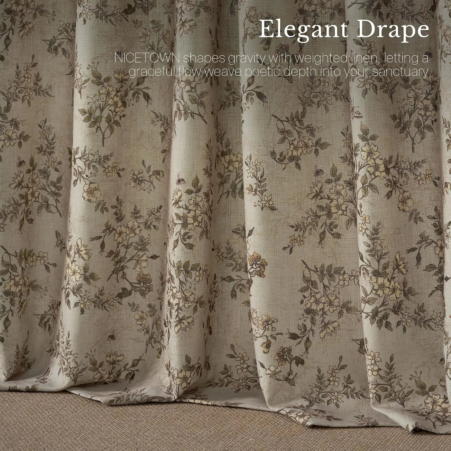 Beige linen curtain with delicate brown floral print and soft elegant drape