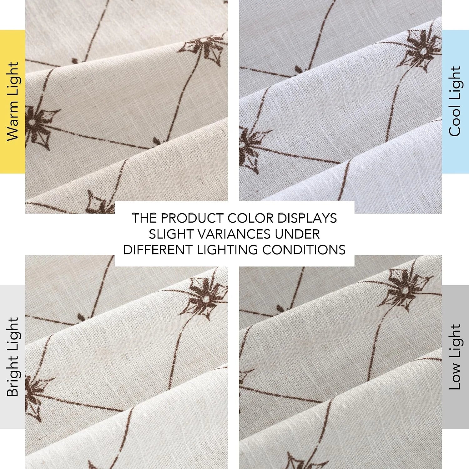 Beige linen fabric with brown floral line print shown under warm, cool, bright, and low light