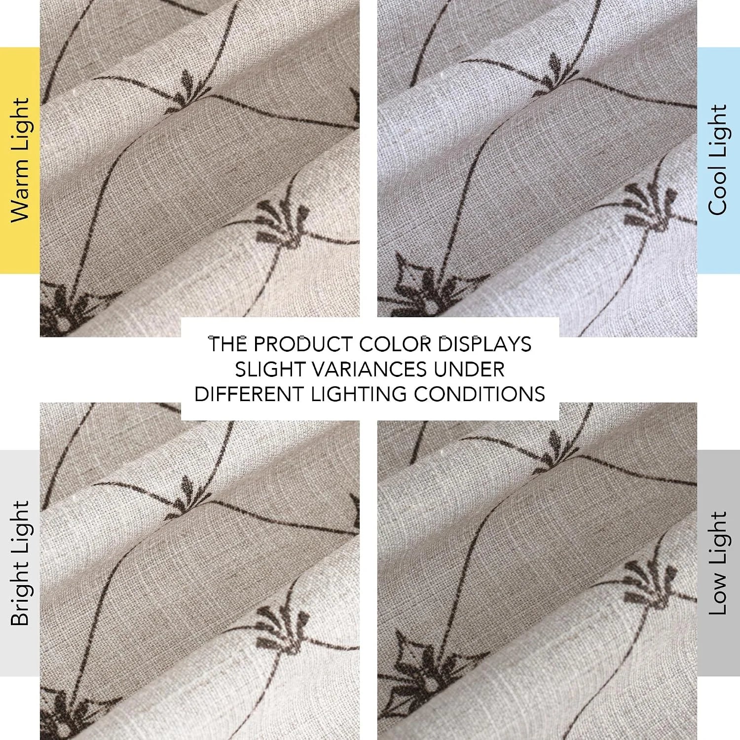 Beige linen-look fabric with brown floral line pattern shown under warm, cool, bright, and low light
