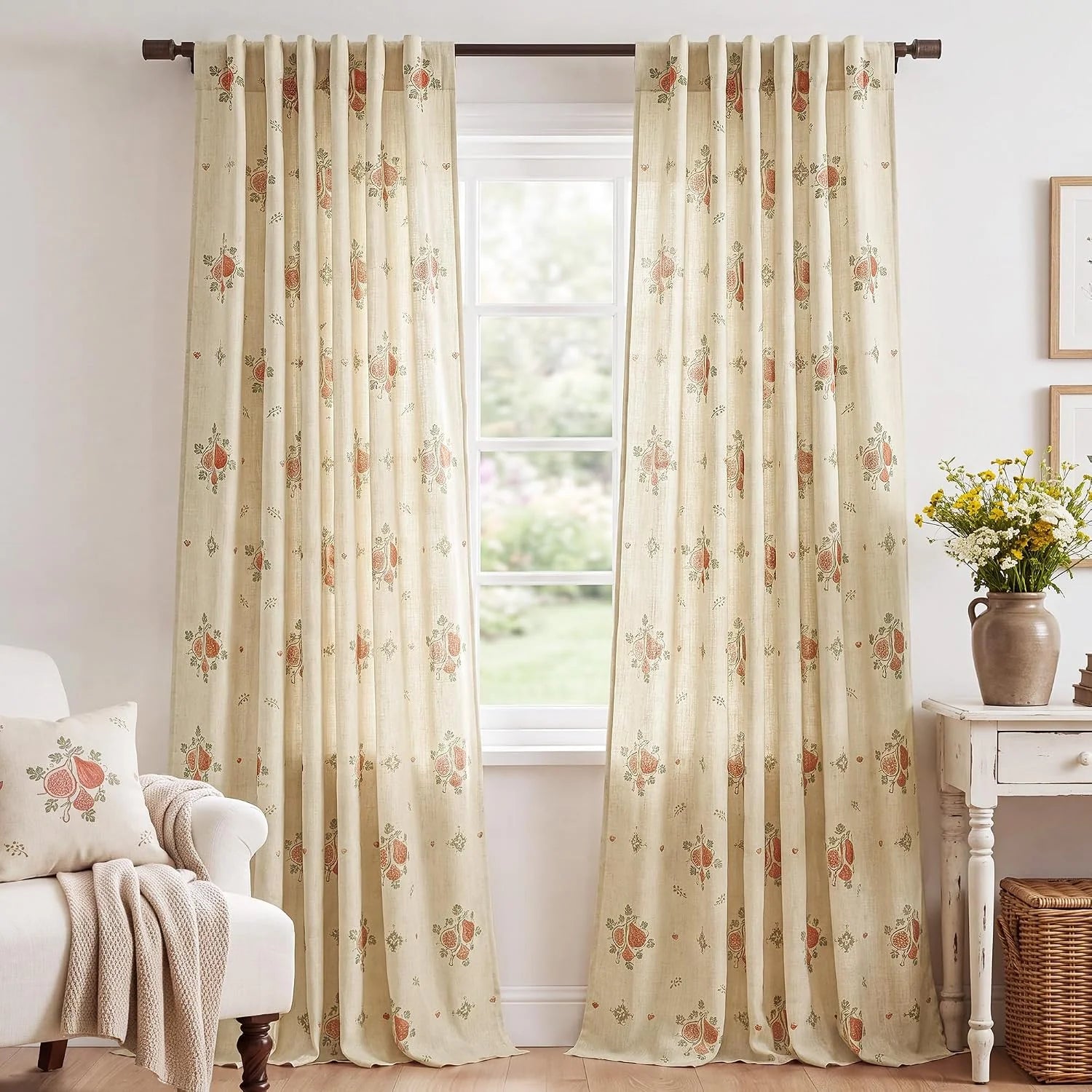 Beige linen-look curtains with muted floral print in a bright farmhouse living room