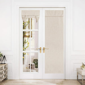 Beige linen blend tie-up valance and flat privacy panel on white French doors in a bright room.