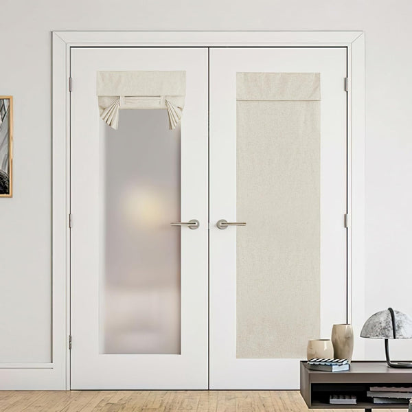 Beige linen privacy door curtains on white French doors, featuring a tied-up valance and full panel.