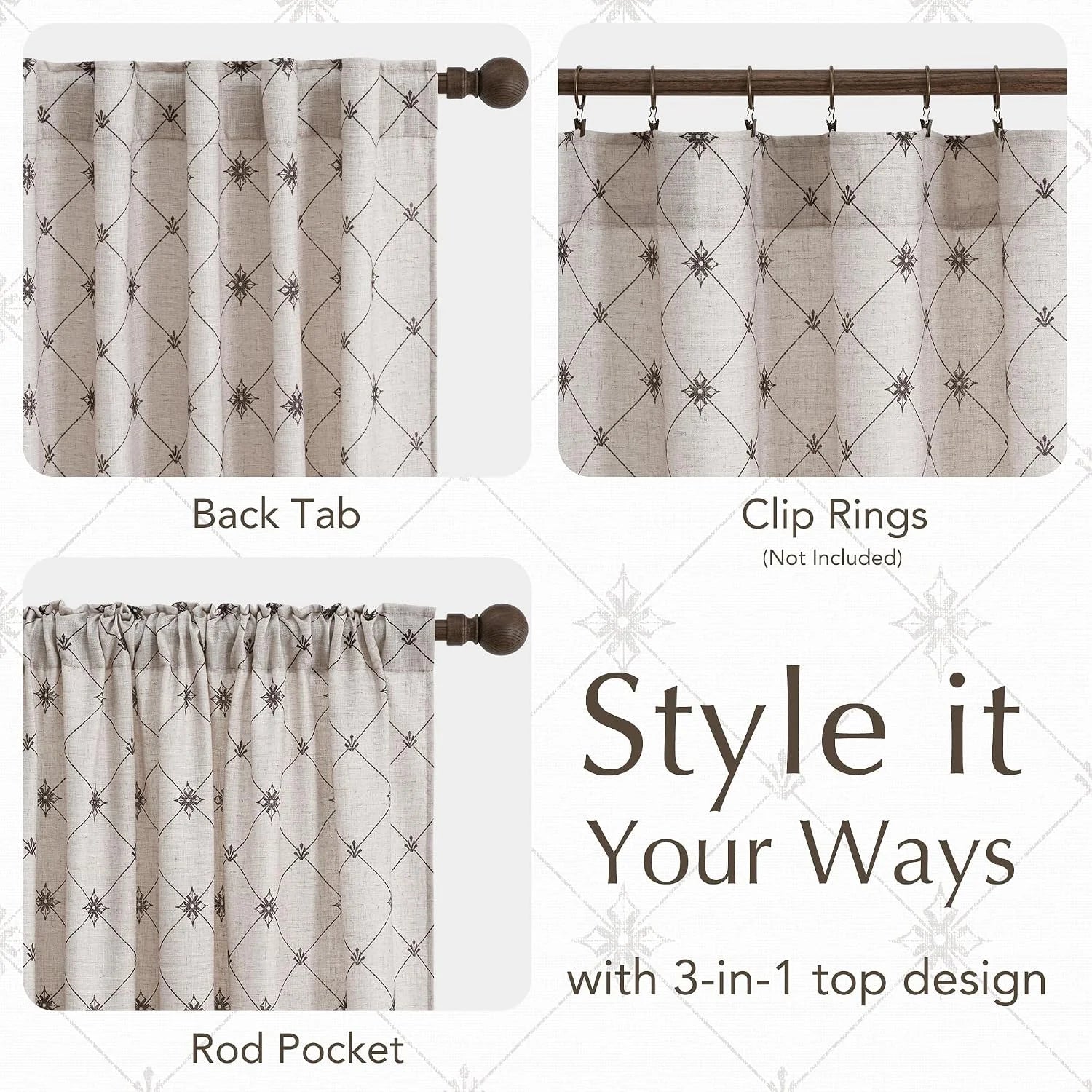 Beige linen-look curtain panel with brown geometric print and 3-in-1 hanging styles