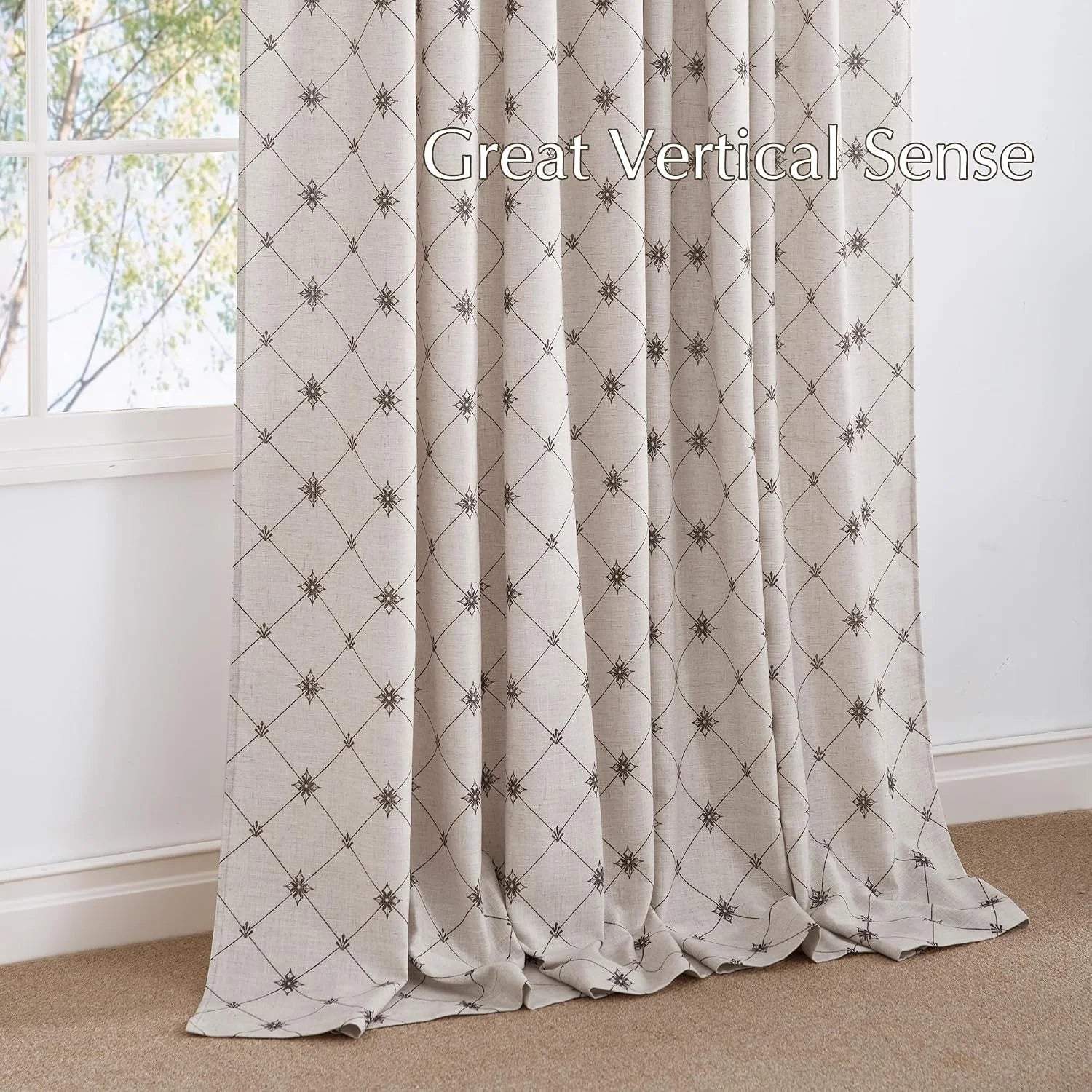 Beige linen-look curtain with geometric lattice pattern hanging by a bright window