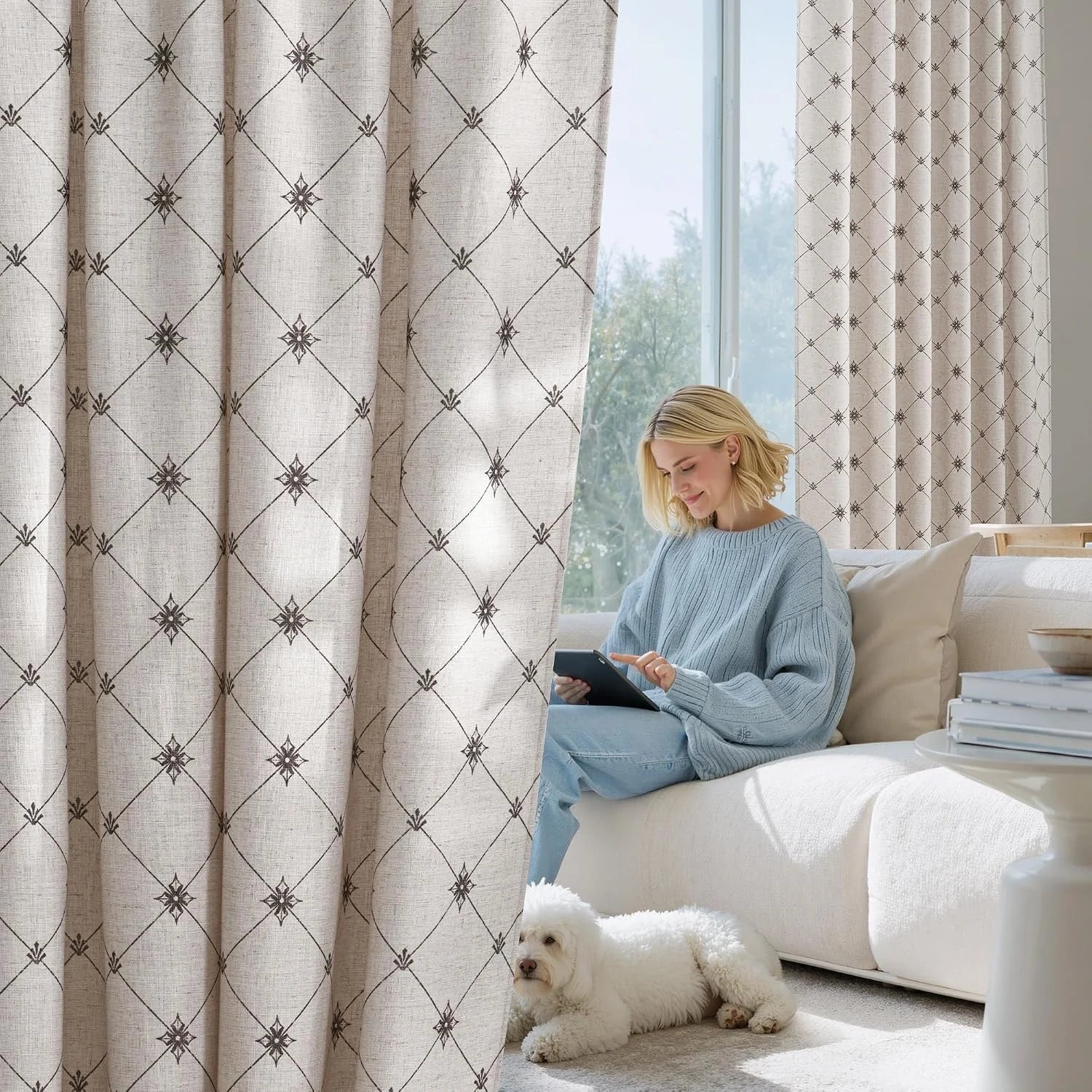Beige linen-look geometric curtains in a bright modern living room beside a white sofa