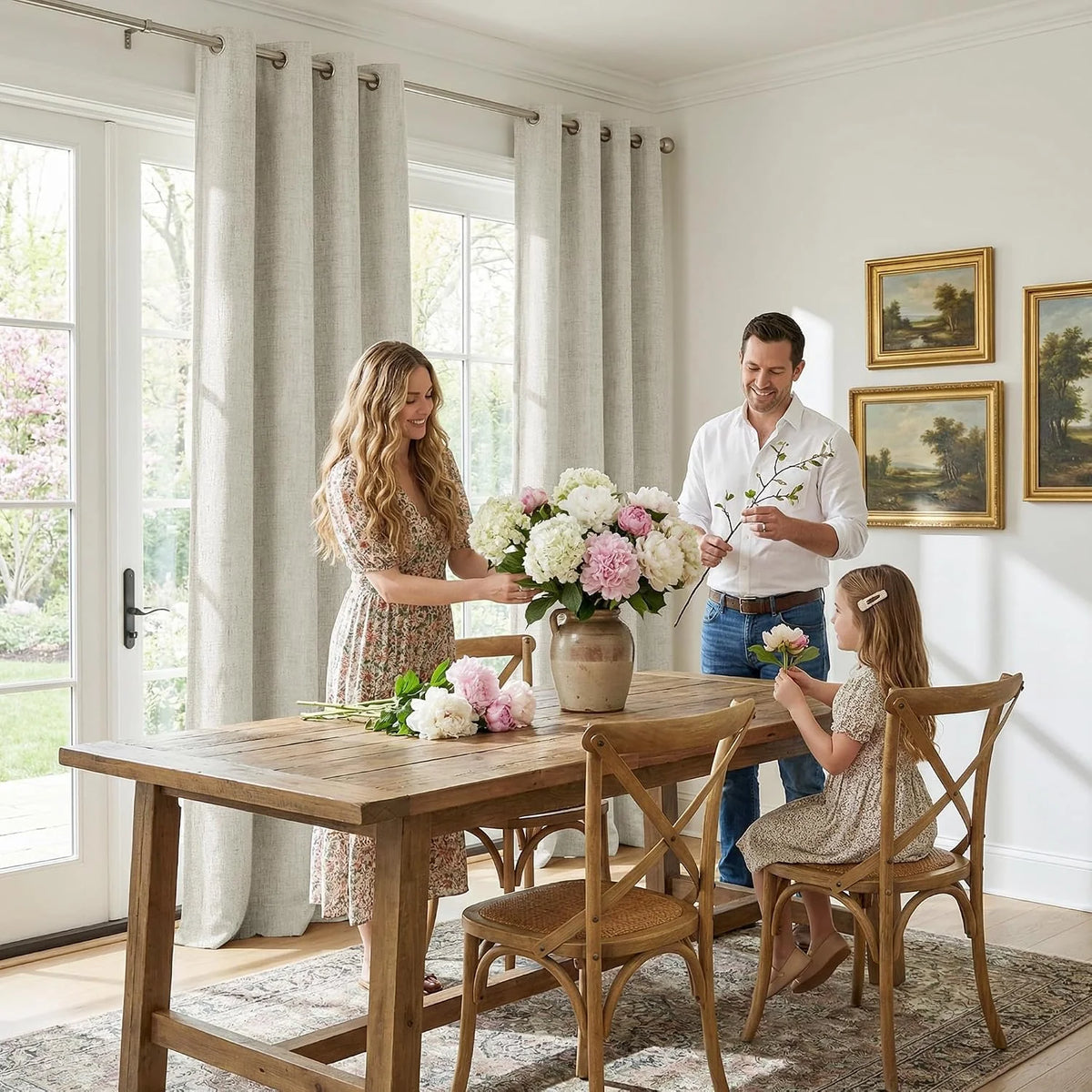 Light beige linen grommet curtains in a bright dining room with rustic wood furniture