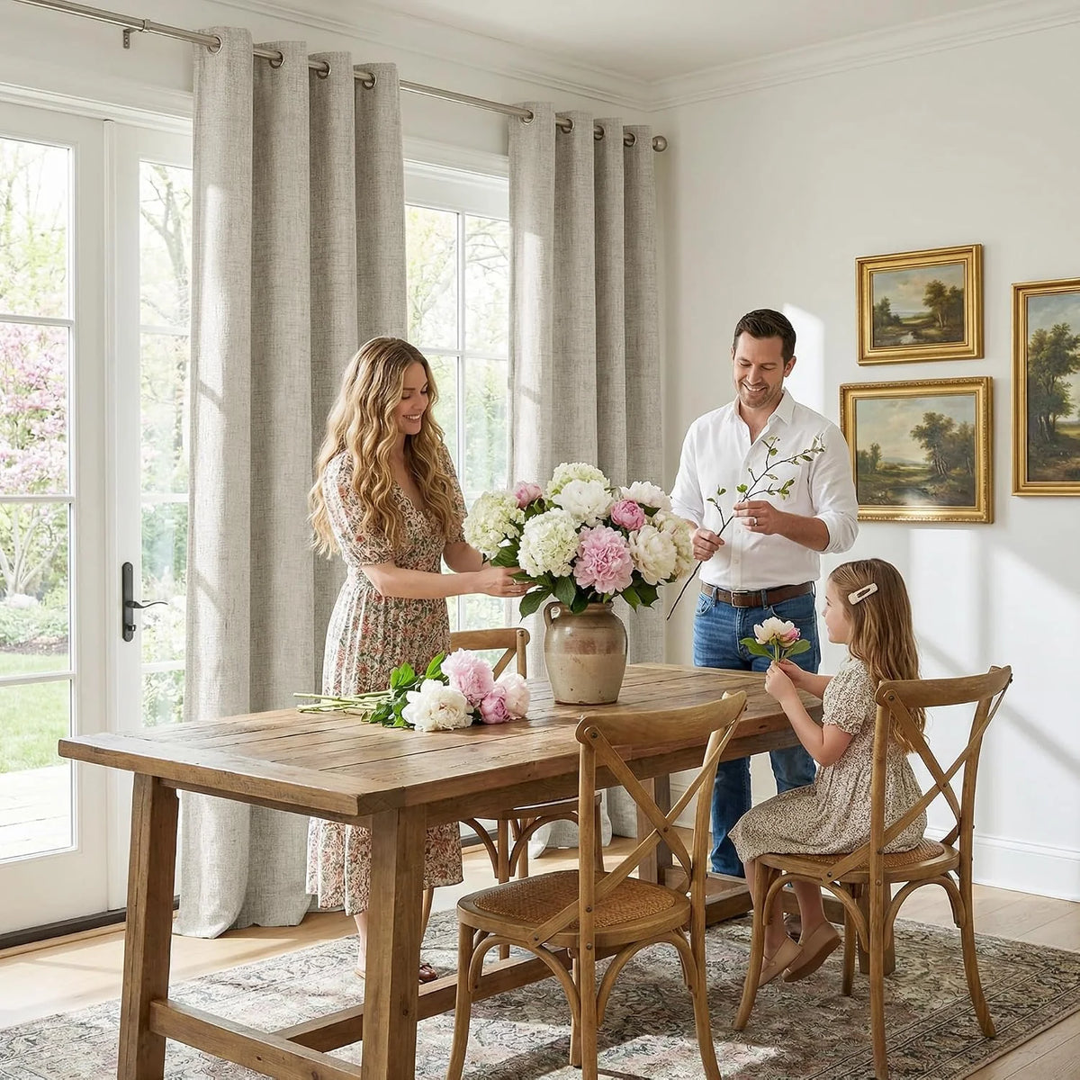 Beige linen-look grommet curtains in a bright farmhouse dining room with wooden table