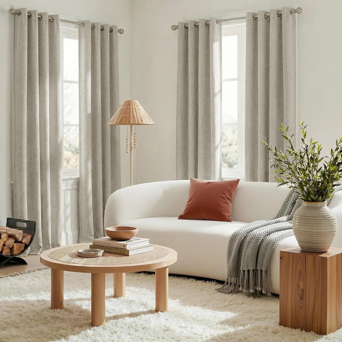 Light beige linen-look grommet curtains in a bright modern living room