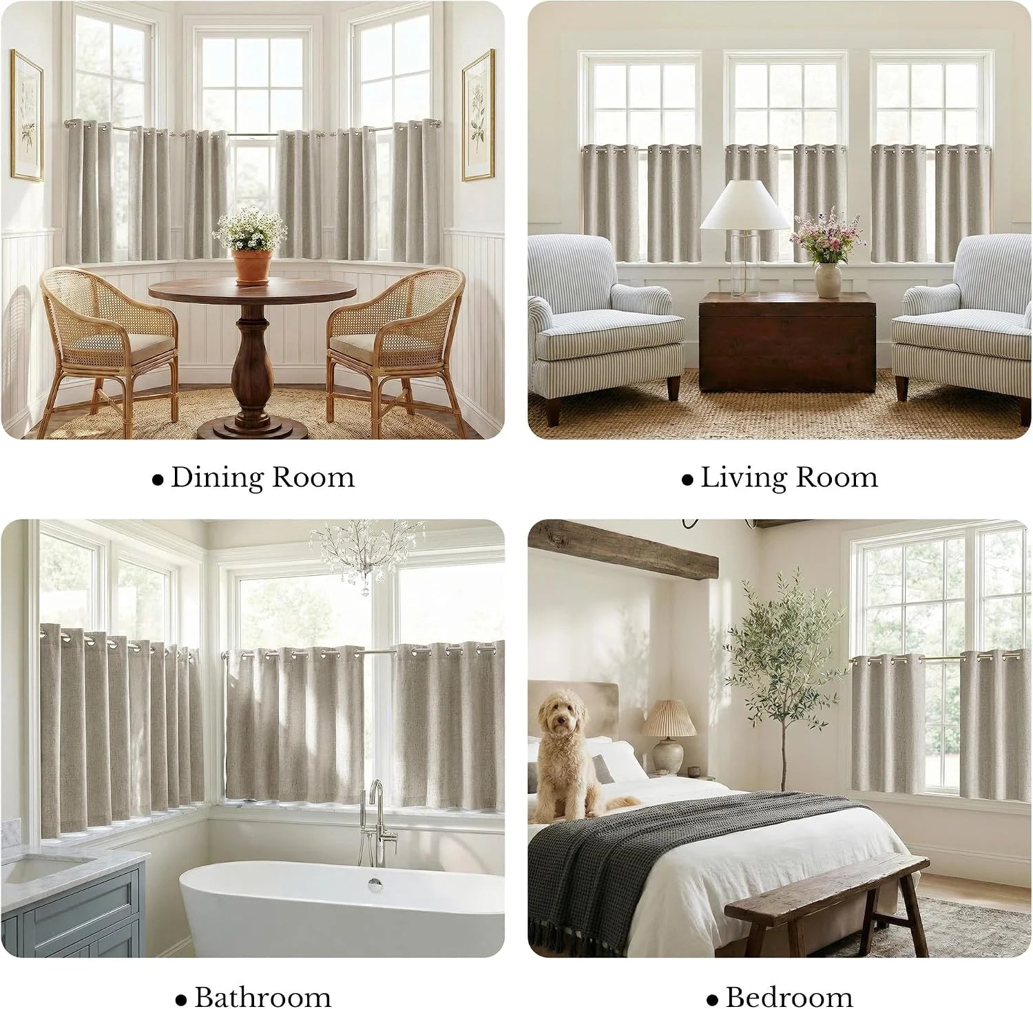 Beige textured grommet tier curtains shown in dining room, living room, bathroom and bedroom