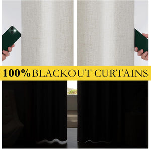 Light beige linen look blackout curtains demonstrating 100% light blocking with flashlight and darkened room.
