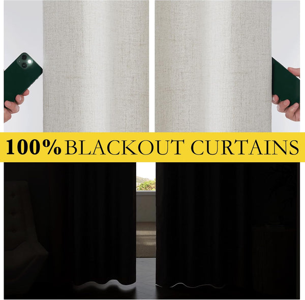 Light beige linen look blackout curtains demonstrating 100% light blocking with flashlight and darkened room.