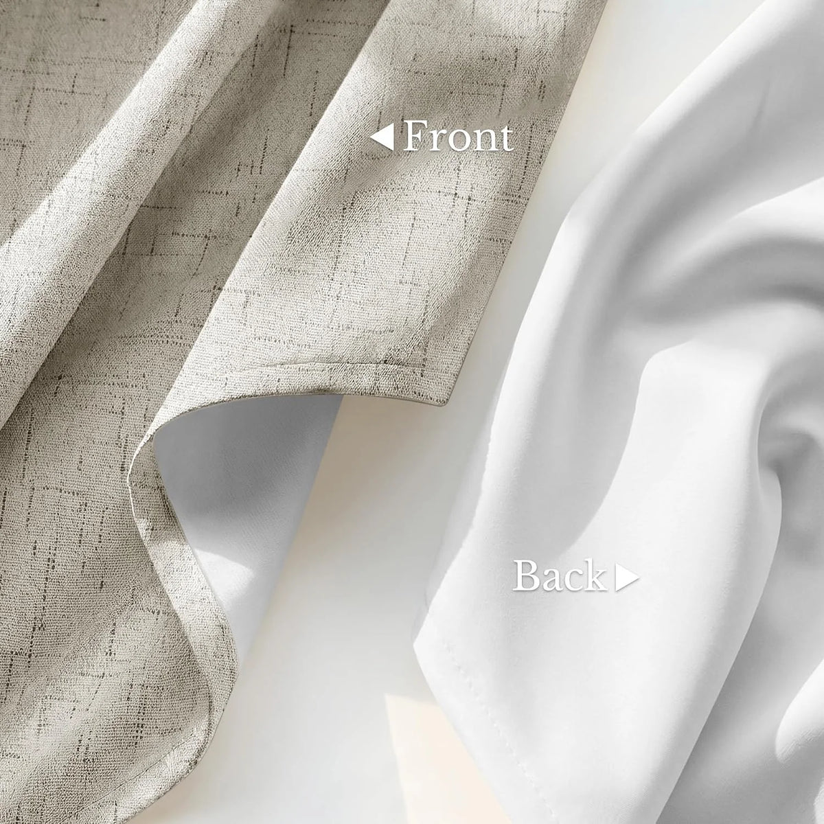 Beige linen-look curtain fabric with textured front and smooth white blackout backing