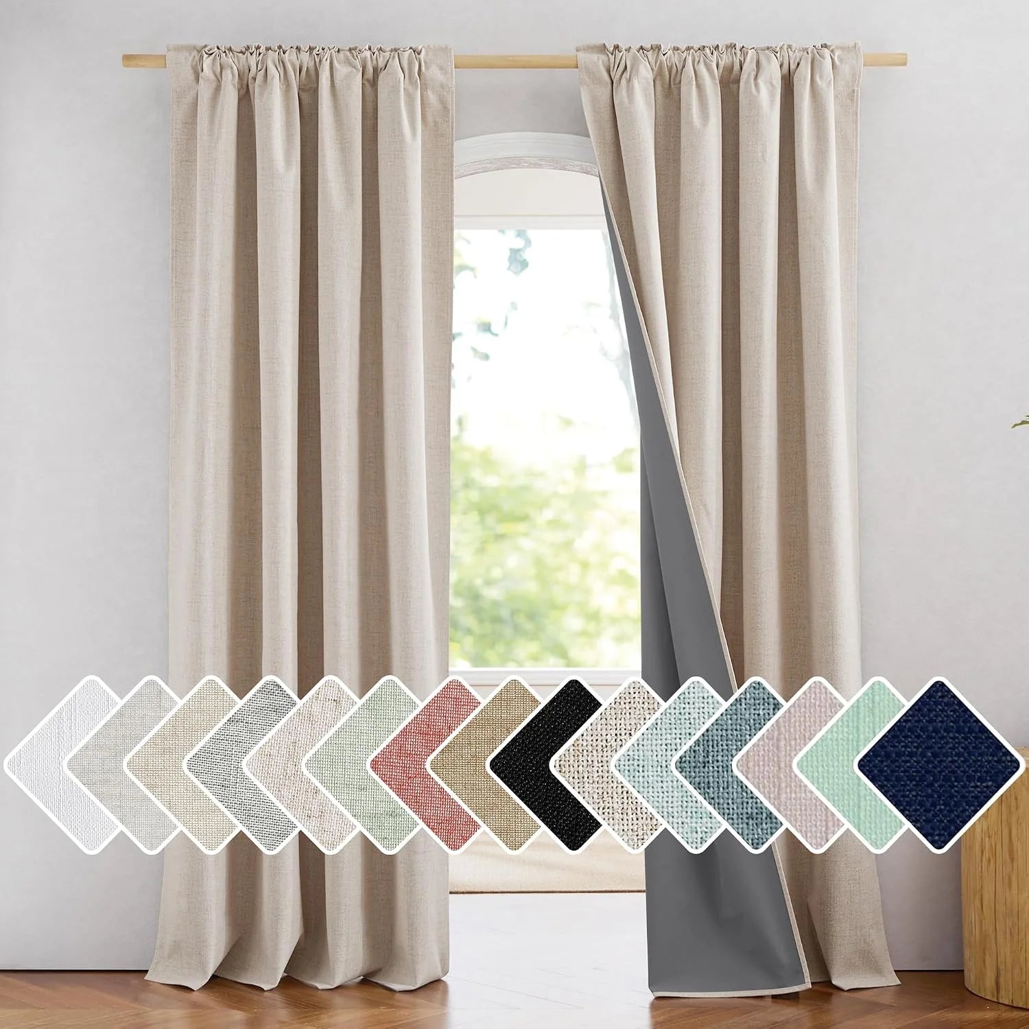 Beige linen-look blackout curtains on a wooden rod with multiple fabric swatches shown