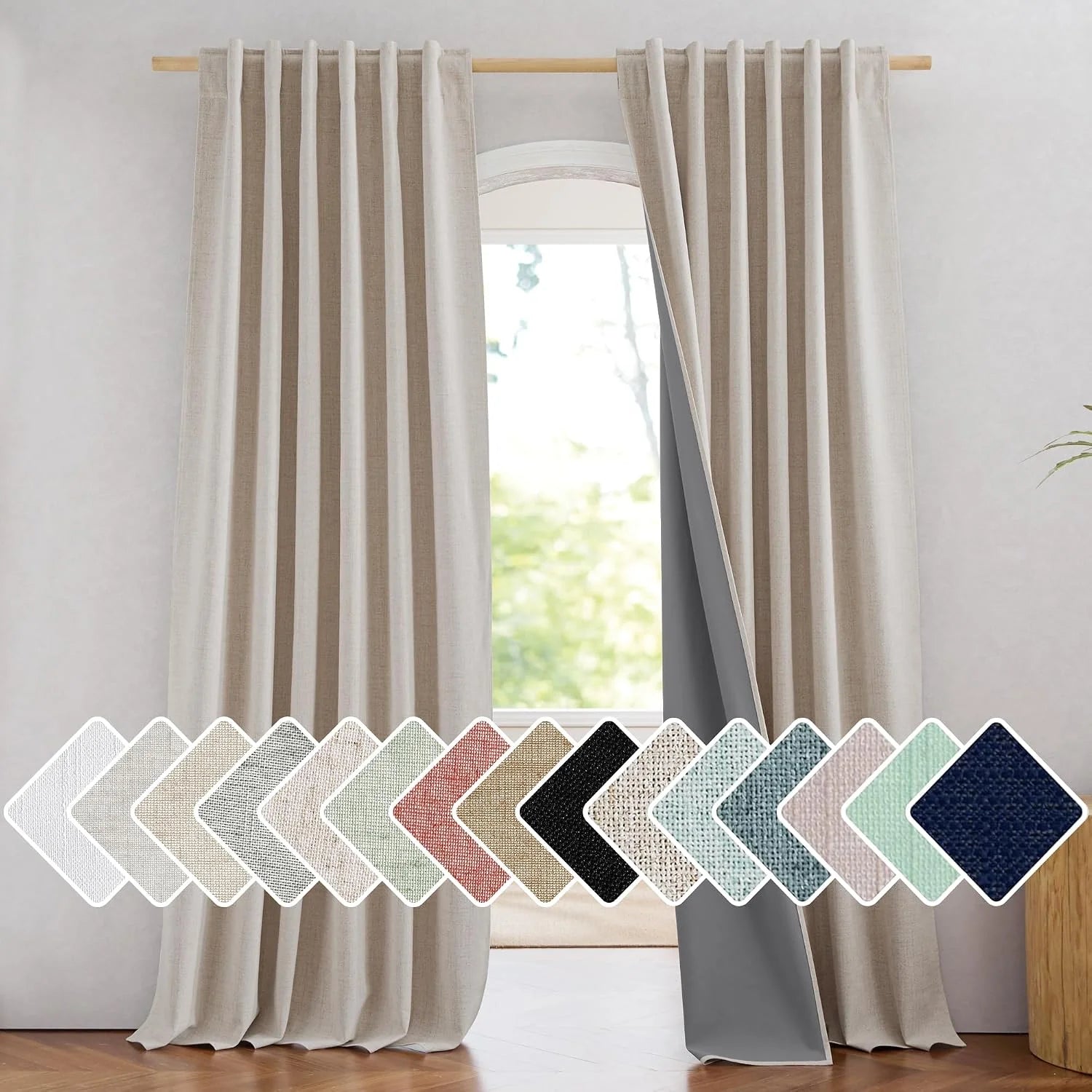 Beige linen-look pleated blackout curtains on a wooden rod with color swatches