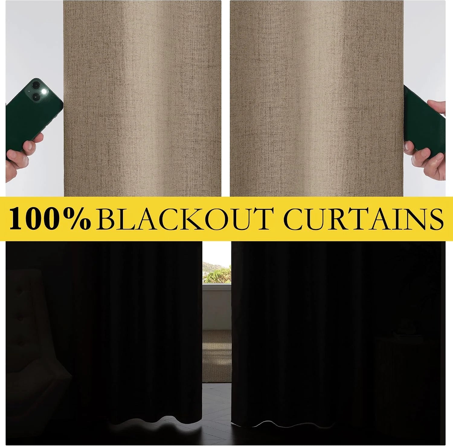 Beige linen-look blackout curtains shown blocking smartphone flash and window light