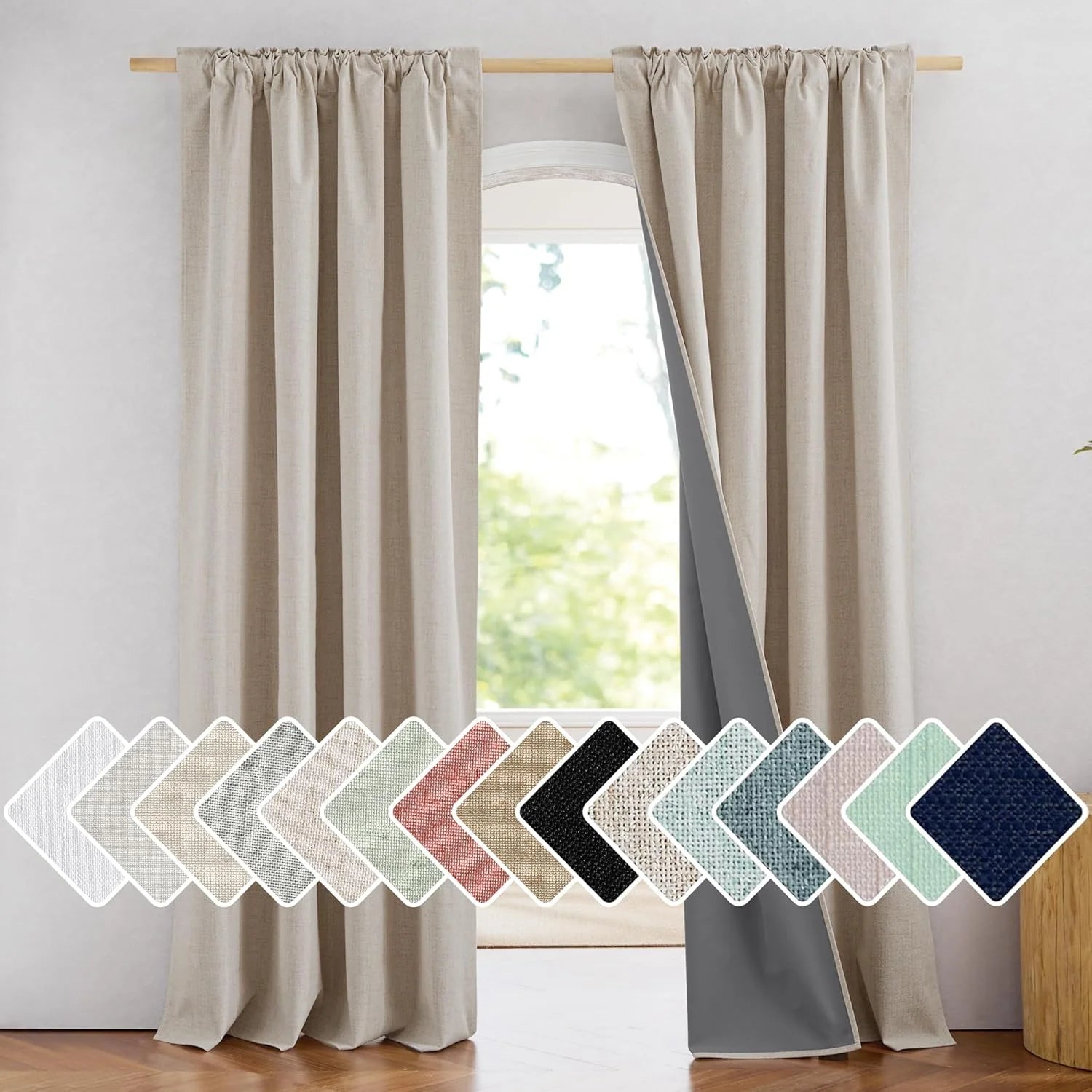 Beige linen-look blackout curtains on a wood rod with multiple fabric swatches shown