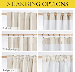 Beige linen look curtains showcasing three hanging styles: back tab, clip rings, and rod pocket.