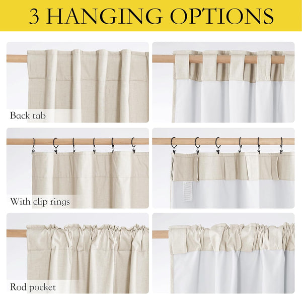 Beige linen look curtains showcasing three hanging styles: back tab, clip rings, and rod pocket.
