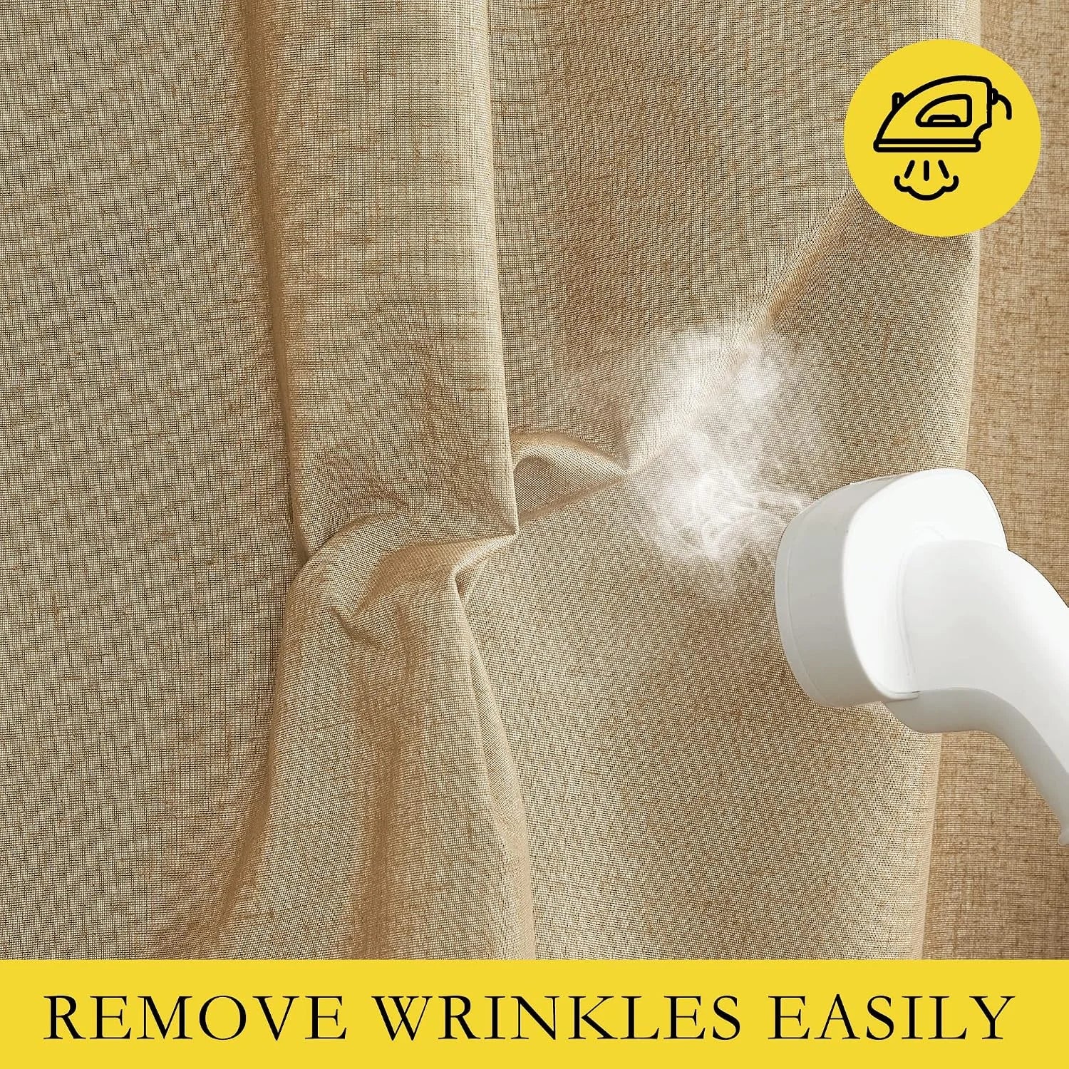 Handheld steamer removing wrinkles from a beige linen-look curtain panel