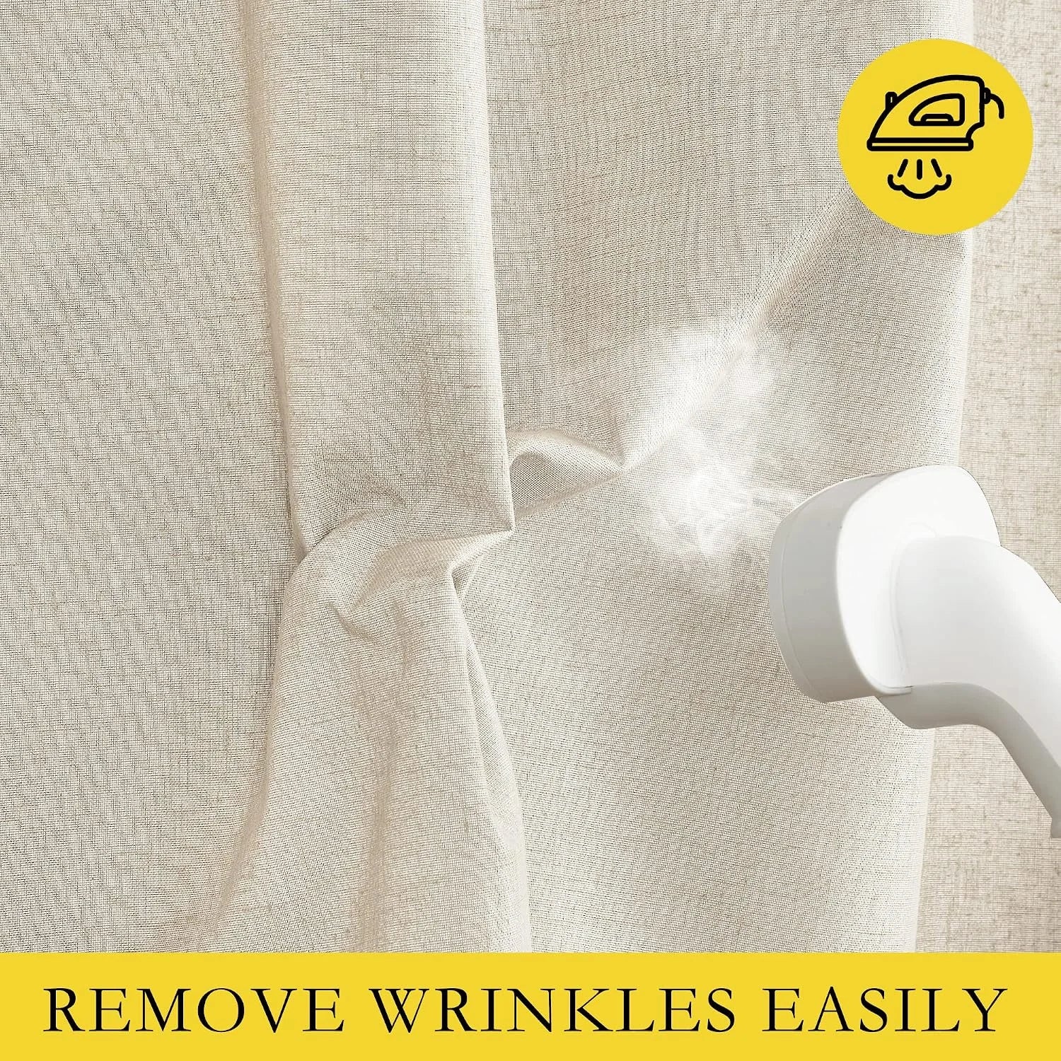 Hand steamer removing wrinkles from a beige linen-look curtain close-up