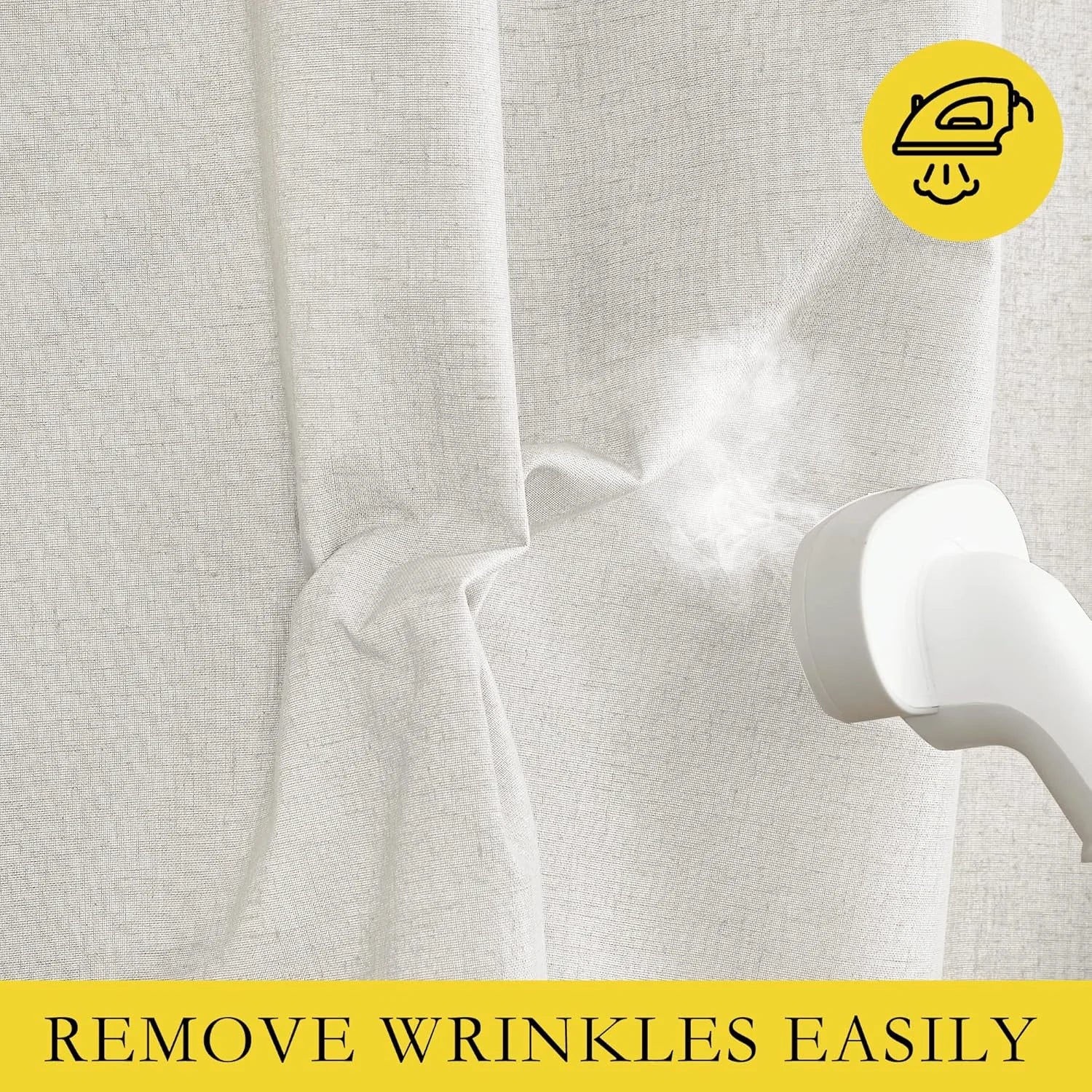 Handheld steamer smoothing wrinkles from a beige linen-look curtain fabric