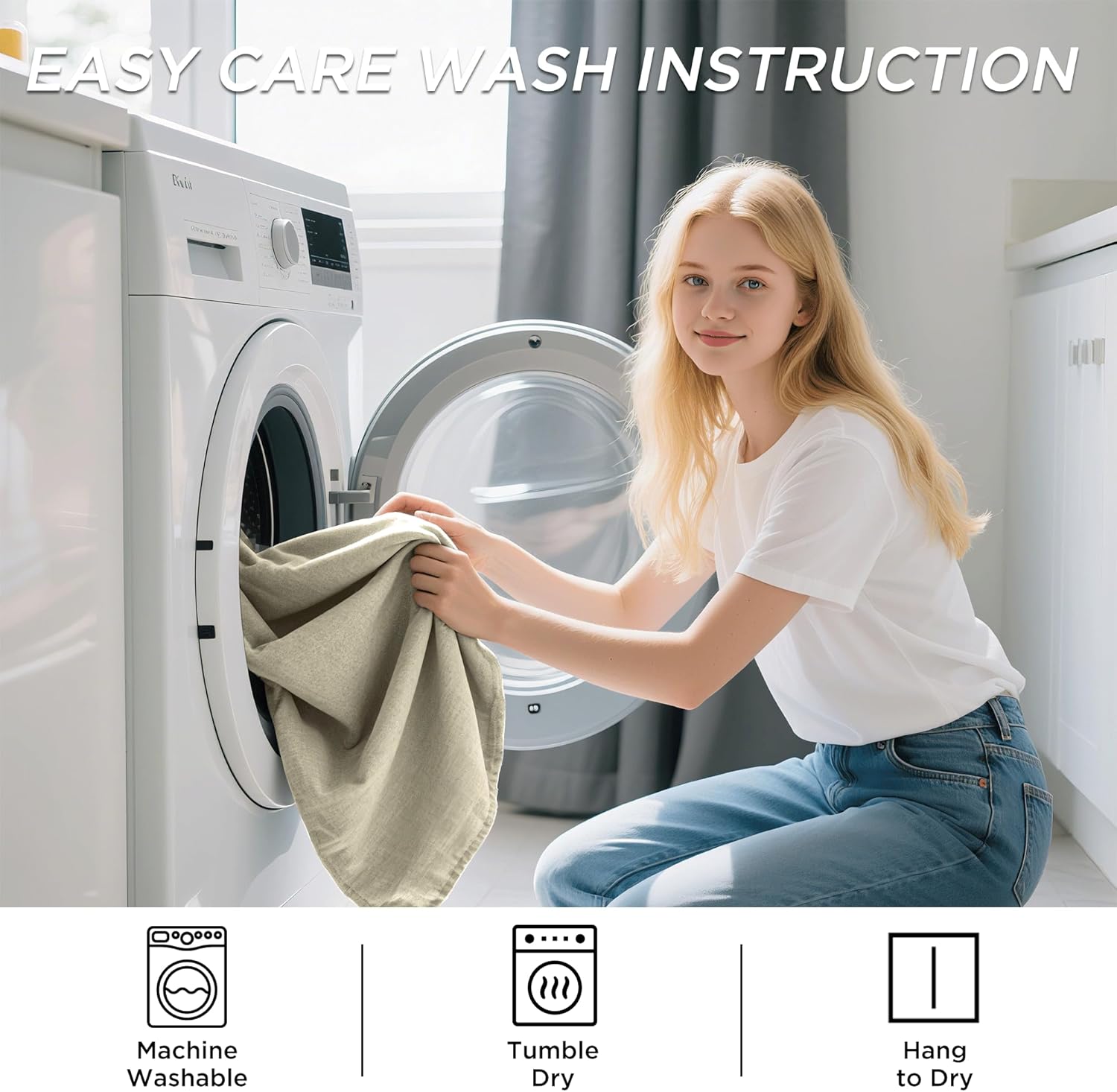 Young woman putting a beige linen-look curtain into a washing machine, showing easy care instructions.