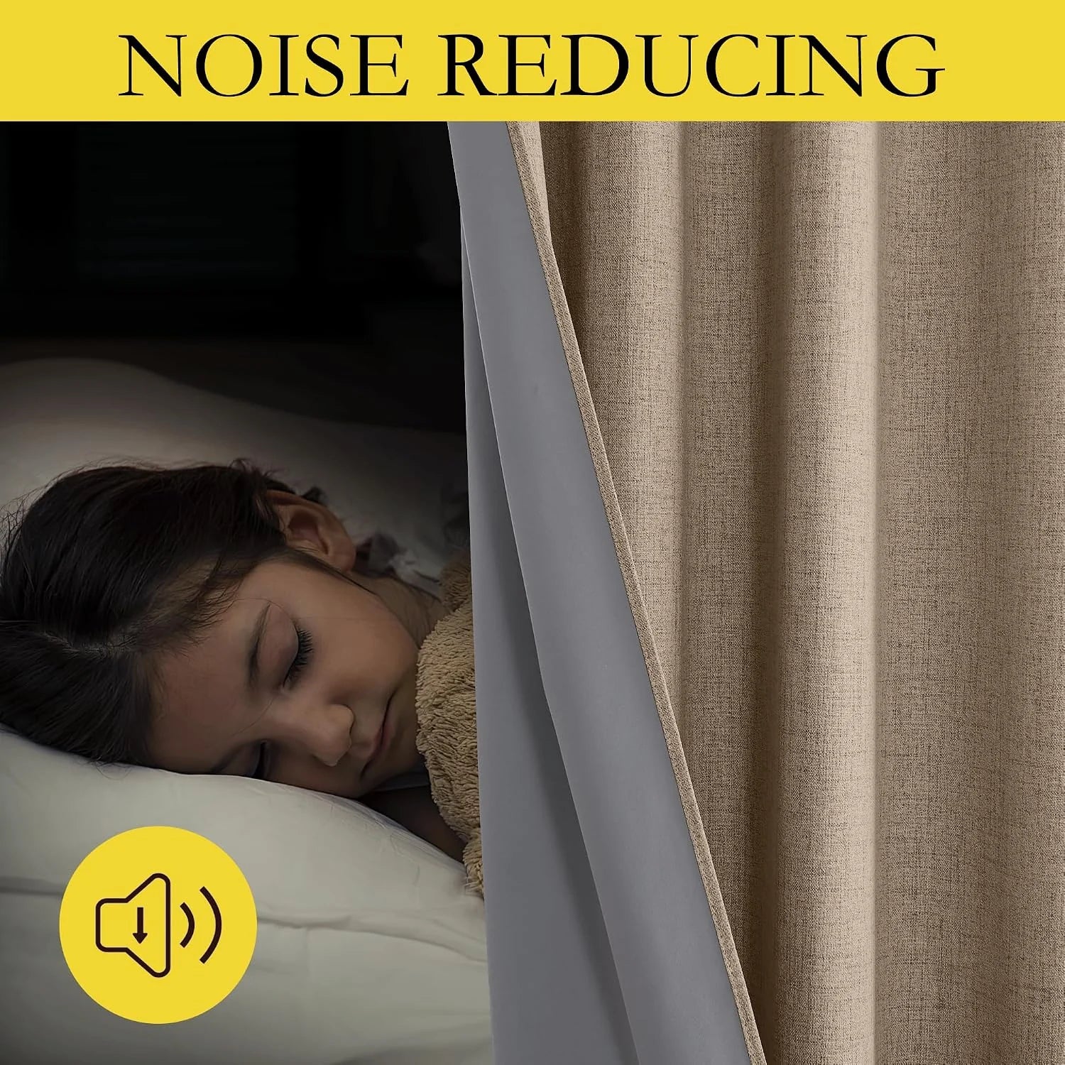 Beige linen-look noise reducing curtain beside a sleeping child in a dark bedroom