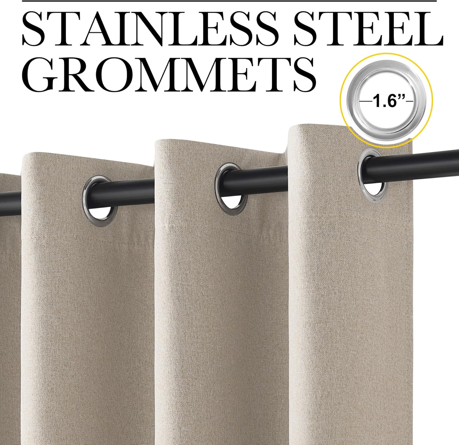 Close-up of a beige linen-look curtain panel featuring 1.6-inch stainless steel grommets on a black rod.