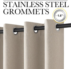 Close-up of a beige linen-look curtain panel featuring 1.6-inch stainless steel grommets on a black rod.